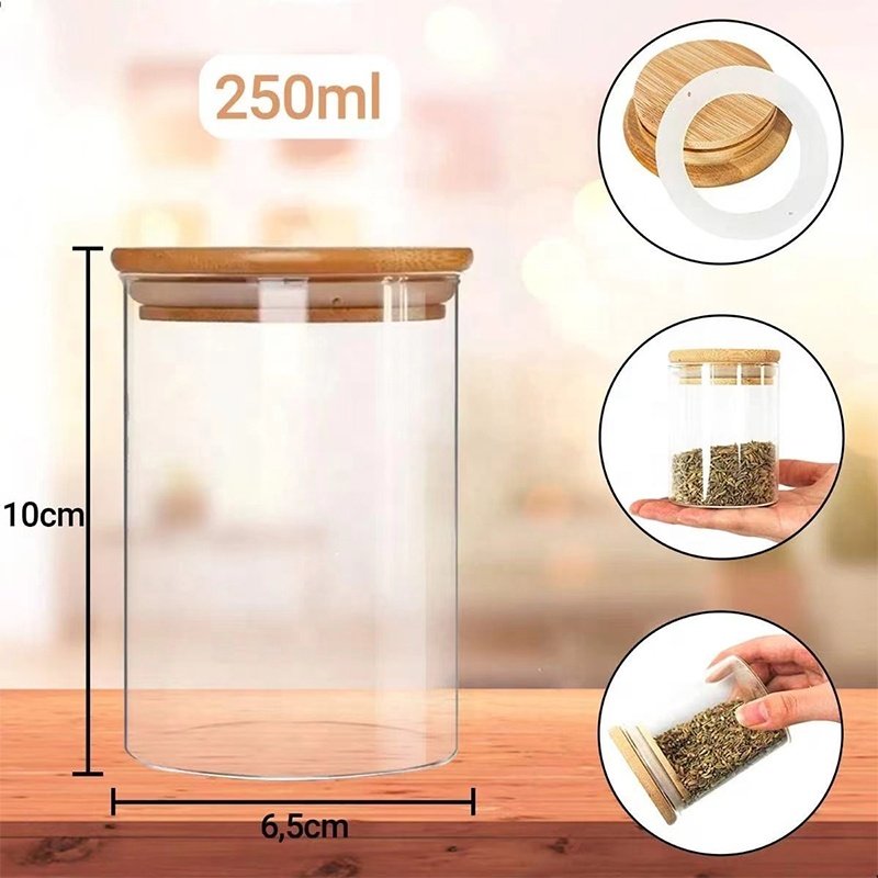 Wholesale 250ml Small Glass Canister Kitchen Food Storage Jar with Bamboo Lid Sealed Glass Storage Tank for Sugar Spice