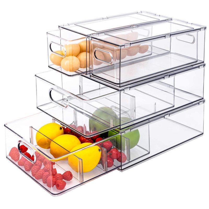 Plastic Fridge Organizer Drawer Pull Out Bins Freezer Food Storage Container Box PET Kitchen Stackable Refrigerator Drawer Set