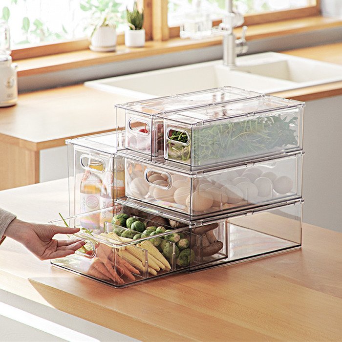 Plastic Fridge Organizer Drawer Pull Out Bins Freezer Food Storage Container Box PET Kitchen Stackable Refrigerator Drawer Set