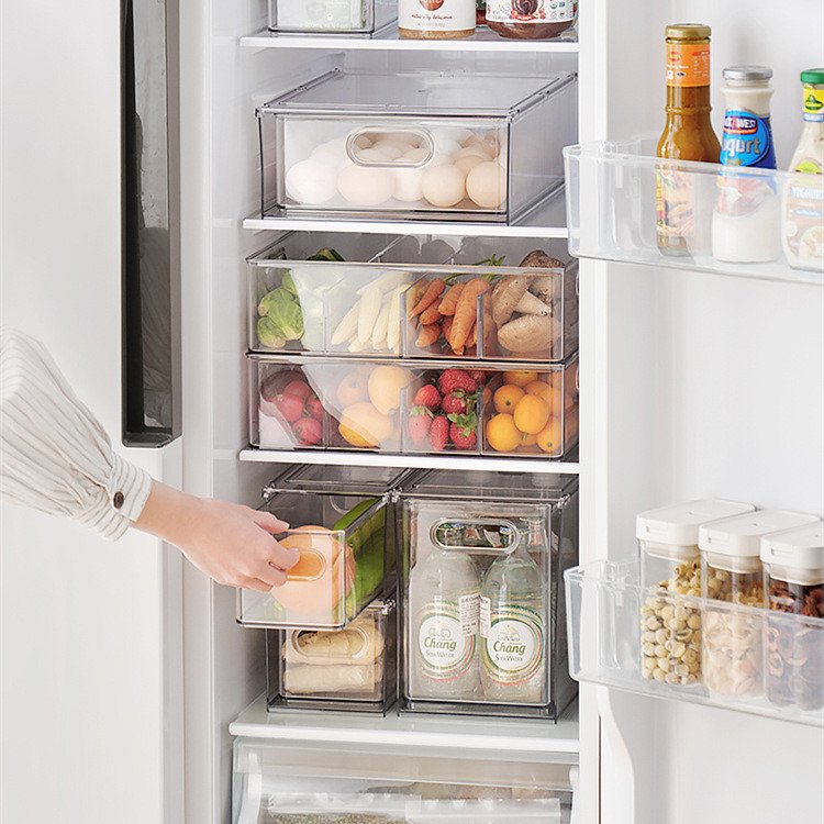 Plastic Fridge Organizer Drawer Pull Out Bins Freezer Food Storage Container Box PET Kitchen Stackable Refrigerator Drawer Set