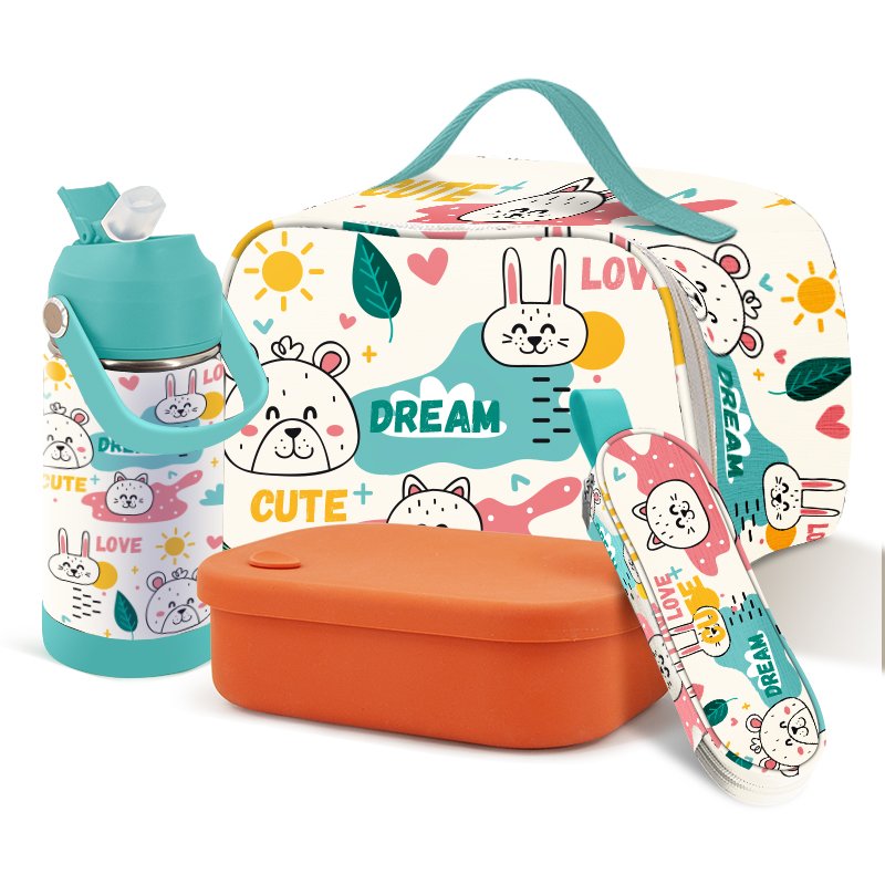 Custom color eco Leakproof Kids Storage cute Silicone Bento Lunch Box set bpa free for Kid School with water bottle and bag