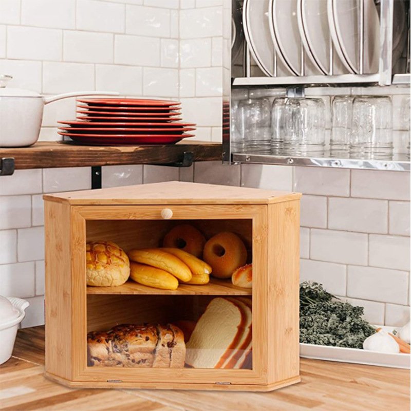 Double 2 Layers Bamboo Corner Farmhouse Kitchen Counter Storage Bins Bread Boxes Wooden Food Storage Container With Window Lid