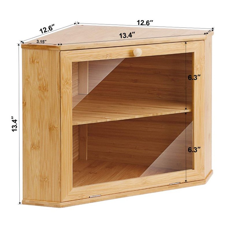 Double 2 Layers Bamboo Corner Farmhouse Kitchen Counter Storage Bins Bread Boxes Wooden Food Storage Container With Window Lid