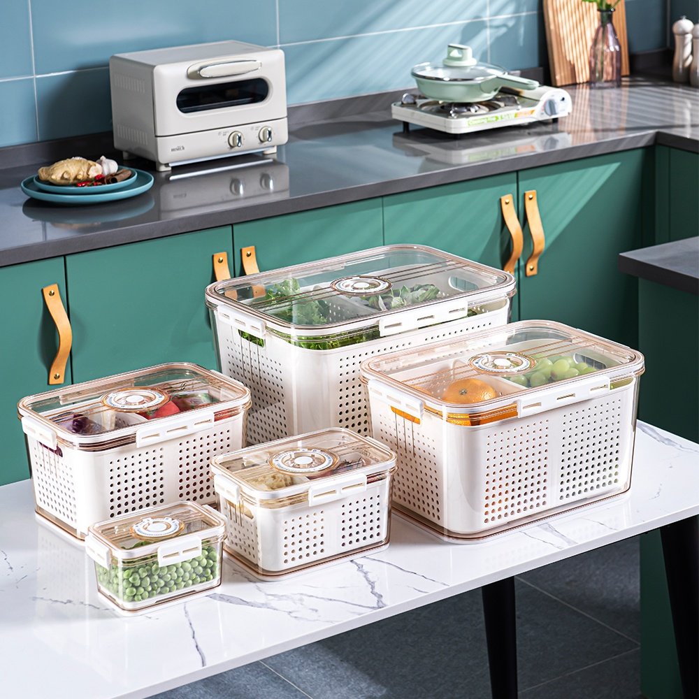 Plastic Big Drain Crisper Fridge Storage boxes Containers Transparent Tractable Refrigerator Organizer Basket Storage Bins