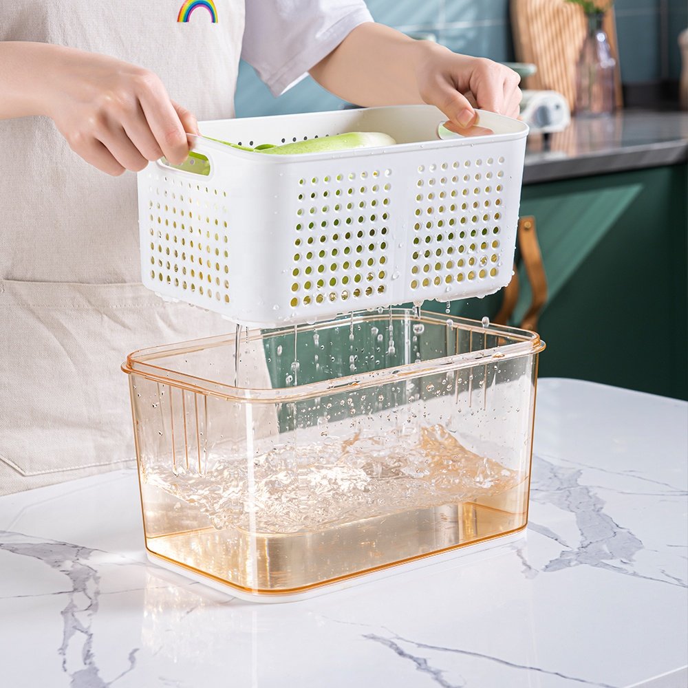 Plastic Big Drain Crisper Fridge Storage boxes Containers Transparent Tractable Refrigerator Organizer Basket Storage Bins