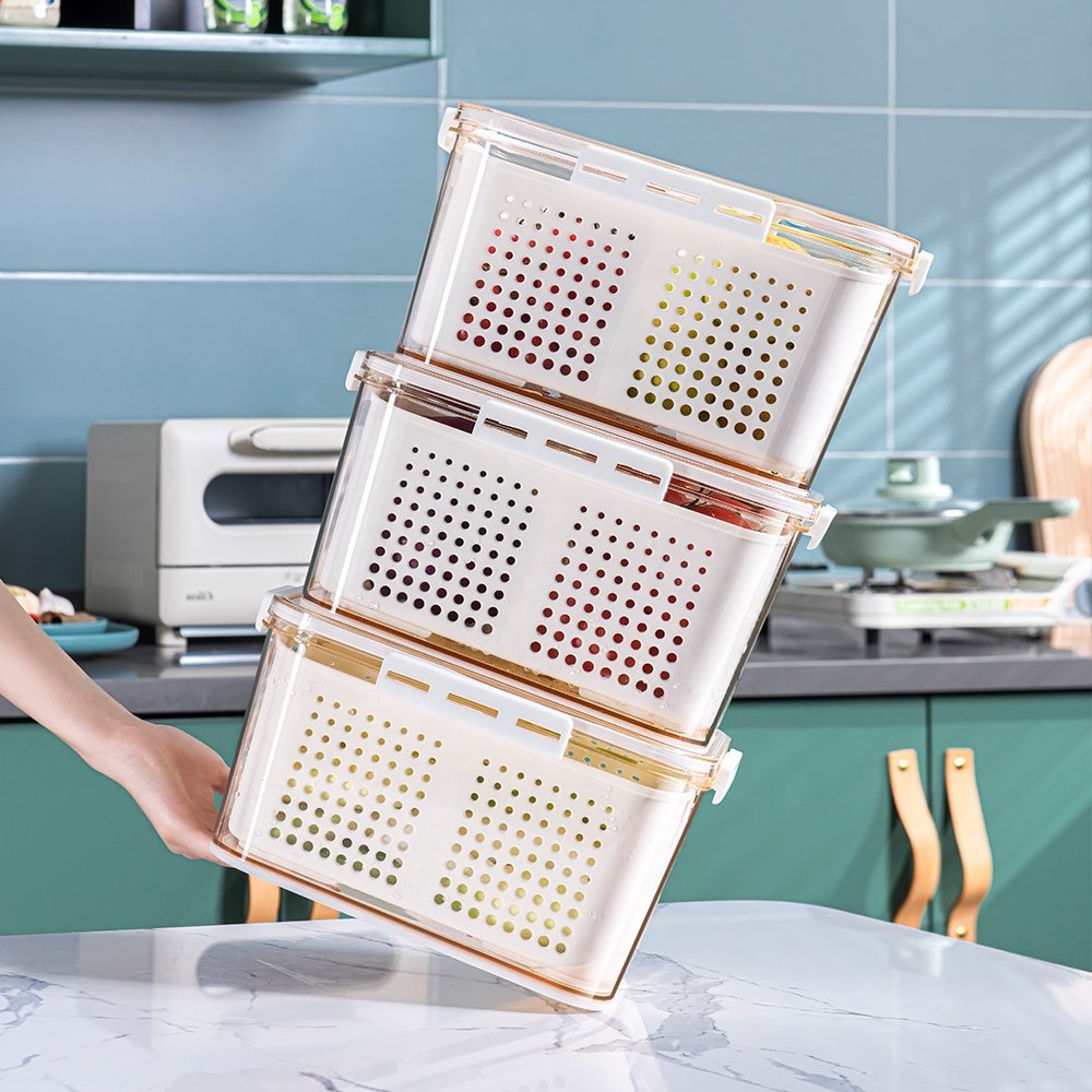 Plastic Big Drain Crisper Fridge Storage boxes Containers Transparent Tractable Refrigerator Organizer Basket Storage Bins