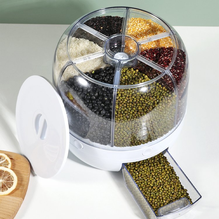 IFAN Food Dispenser Kitchen Moisture-Proof 6-Grid Rotating Food Grain Dispenser Cereal Storage Box Food Storage Container