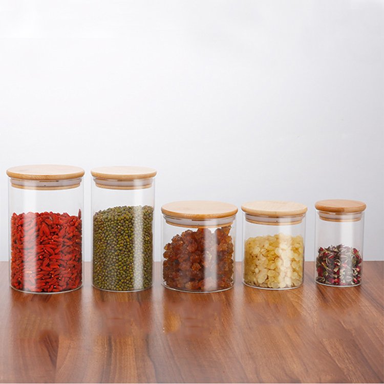 Transparent kitchen Food Storage Canister Clear Borosilicate Glass Jar with Wooden Lid