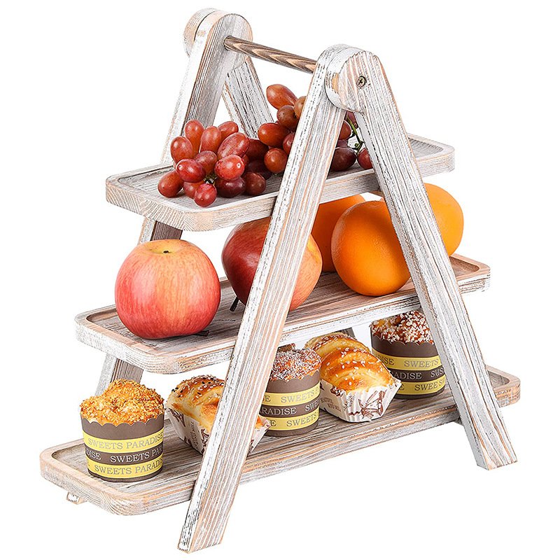 Retro Style Wooden 3 Tier Tray Storage Shelf Foldable Outdoor Picnic Storage Shelf Cake Dessert Food Storage Shelf