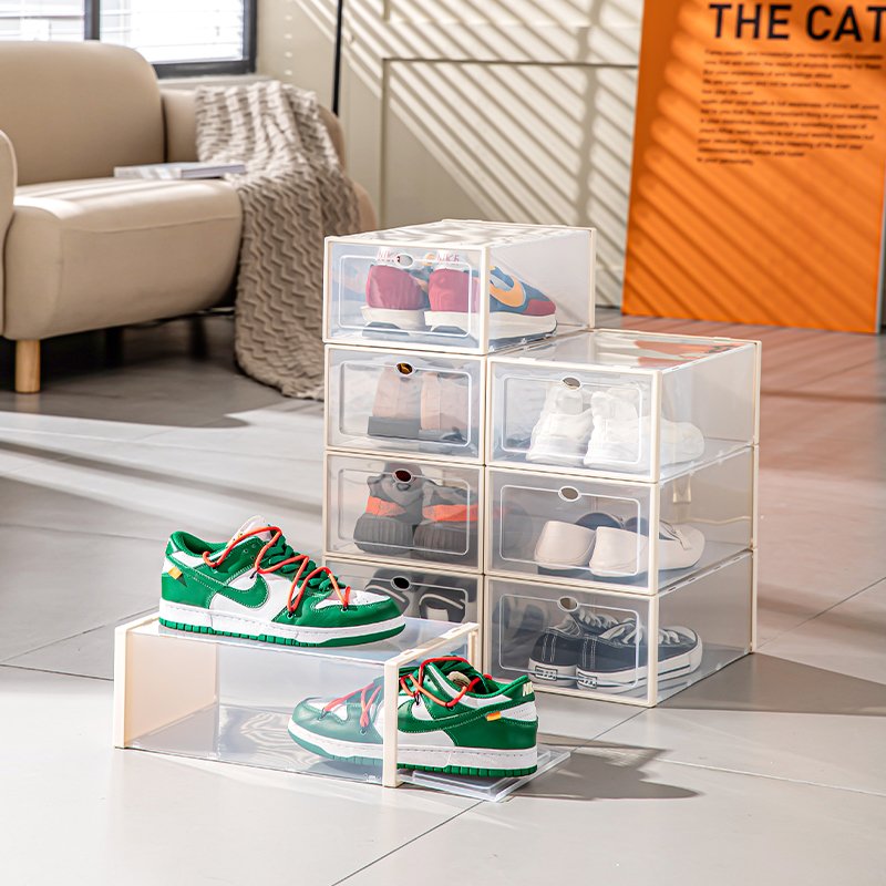 Side Open Drop Door Steady Stackable Simple Assemble Custom Sneakers Foldable Clear Shoe plastic Storage Box With Magnetic Door