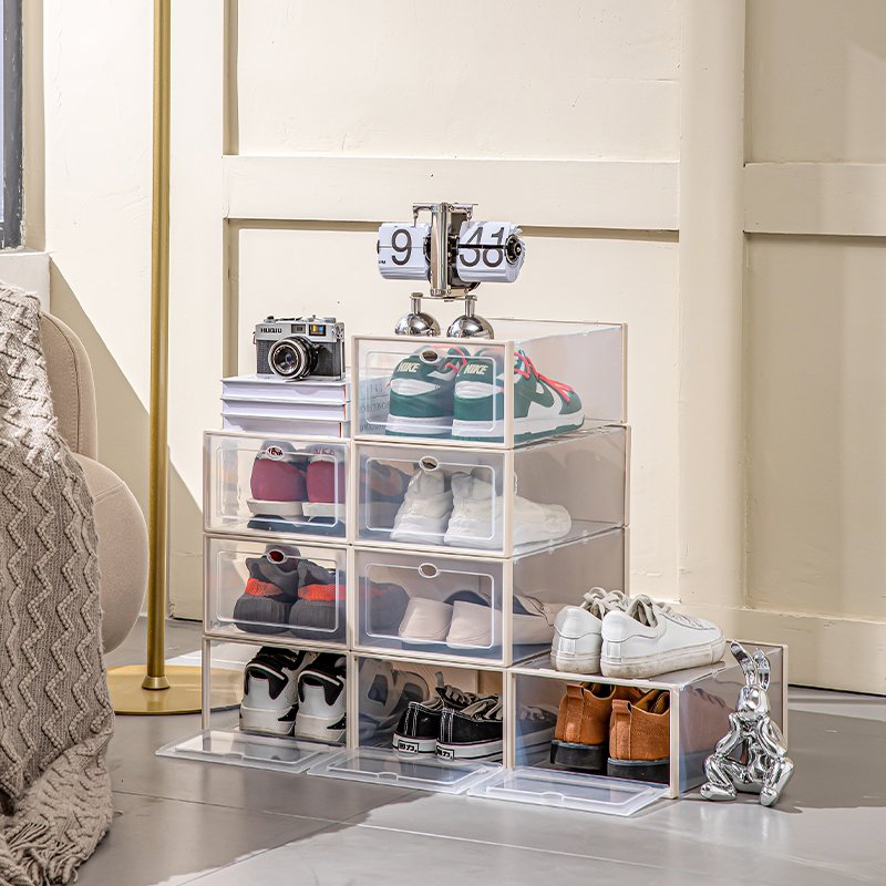 Side Open Drop Door Steady Stackable Simple Assemble Custom Sneakers Foldable Clear Shoe plastic Storage Box With Magnetic Door