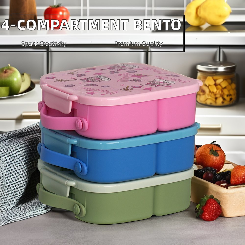 Kids Rectangle Lunch Box Bento Container with 4 Compartments Injection Technics for School Storage Use
