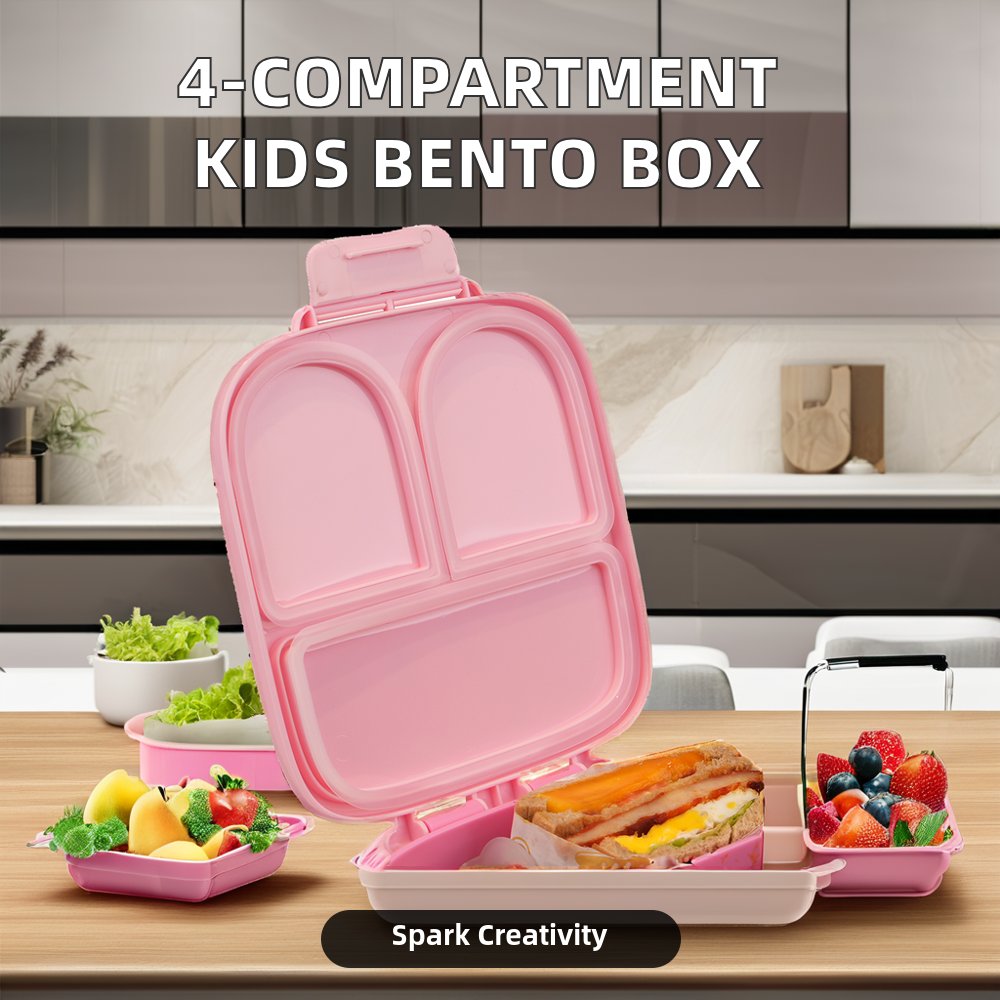 Kids Rectangle Lunch Box Bento Container with 4 Compartments Injection Technics for School Storage Use
