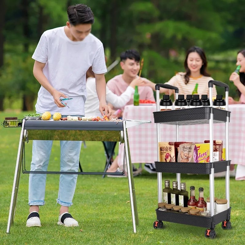 Foldable 3 Tier Storage Cart Utility Eco-friendly PP Plastic Shelves Trolley Cart Rolling Storage Organizer Cart with Wheels