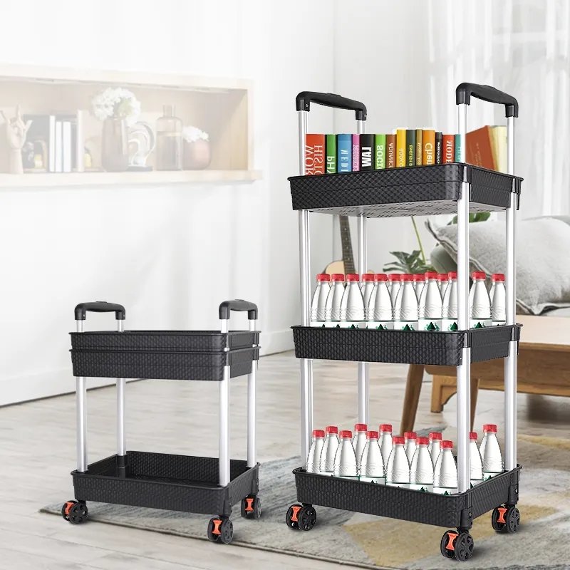 Foldable 3 Tier Storage Cart Utility Eco-friendly PP Plastic Shelves Trolley Cart Rolling Storage Organizer Cart with Wheels