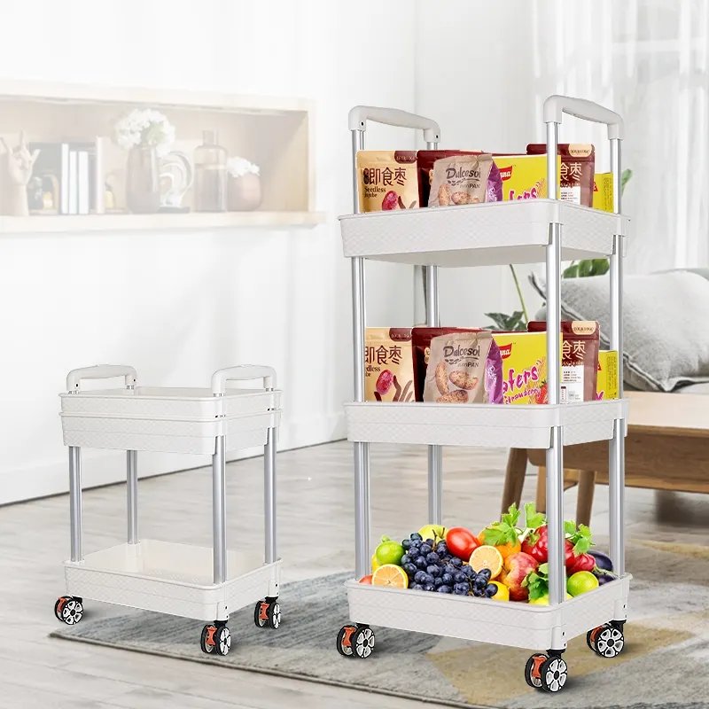 Foldable 3 Tier Storage Cart Utility Eco-friendly PP Plastic Shelves Trolley Cart Rolling Storage Organizer Cart with Wheels
