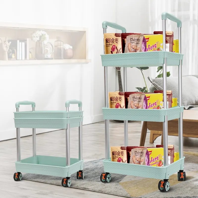 Foldable 3 Tier Storage Cart Utility Eco-friendly PP Plastic Shelves Trolley Cart Rolling Storage Organizer Cart with Wheels