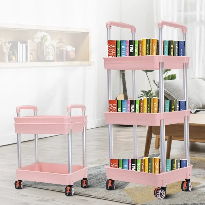 Foldable 3 Tier Storage Cart Utility Eco-friendly PP Plastic Shelves Trolley Cart Rolling Storage Organizer Cart with Wheels