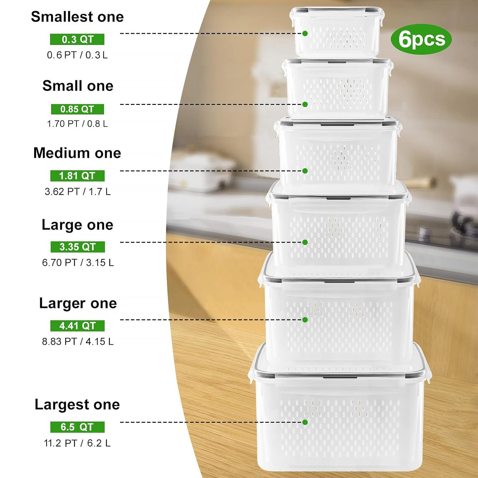 6 Pcs Large Fruit Containers Leakproof Food Storage Containers With Removable Colander