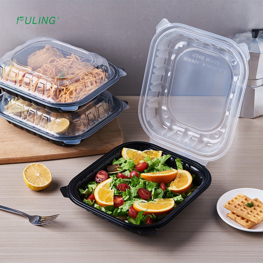 FULING To Go Food Box Clear Lid Black Bottom Clamshell Takeaway Food Disposable Hinged Container