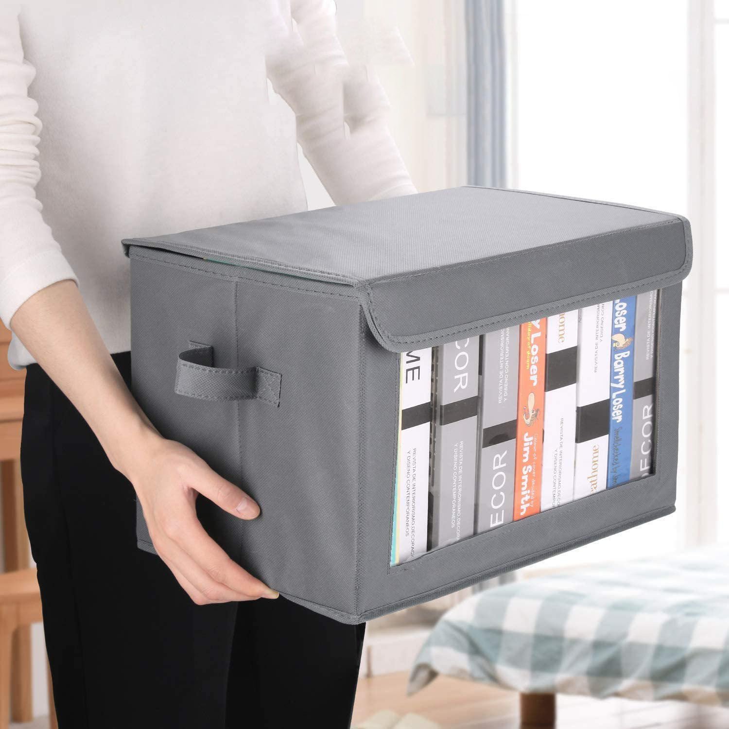 Modern Foldable Rectangle Cloth Organizer Storage Box with Visible Window and Handle for Household Work Occasions