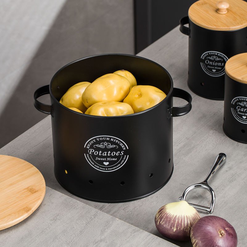 Kitchen potato and onion storage bucket Garlic potato breathable storage box set wooden lid metal canister with melon shaver