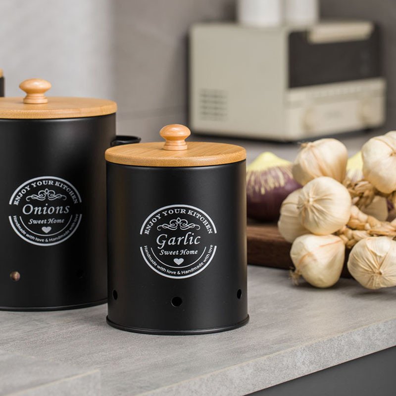 Kitchen potato and onion storage bucket Garlic potato breathable storage box set wooden lid metal canister with melon shaver