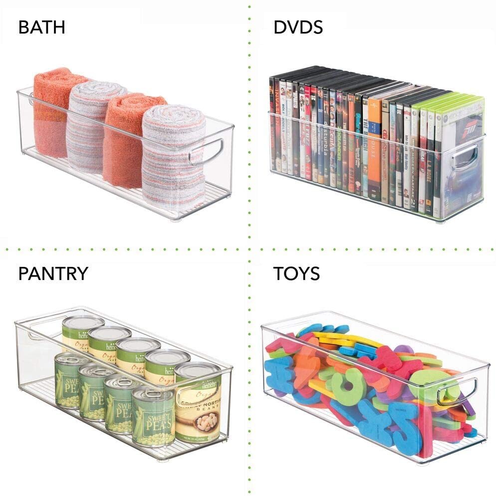 4 Pack - 16"x6"x5" Clear Plastic Kitchen Pantry, Cabinet, Refrigerator, Freezer Food Storage Organizing Bin Basket with Handles