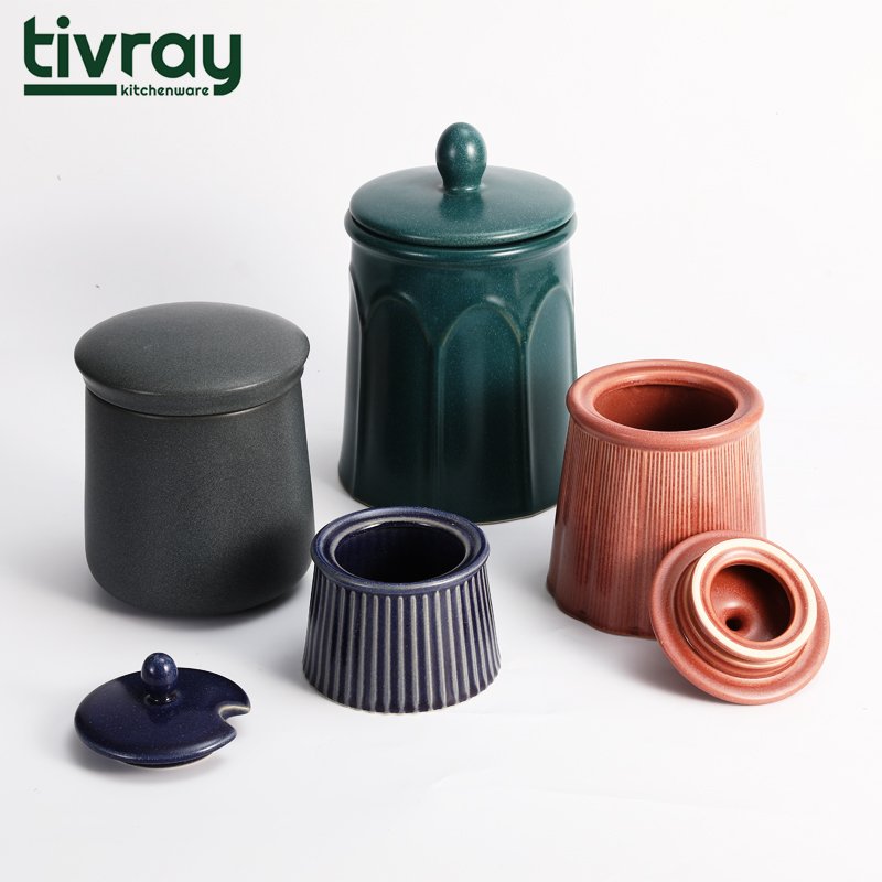 Tivray Custom Reactive Glaze Vertical Strip Ceramic Food Storage Canister Dry Food Container Tea Jar Sugar Pot with Ceramic Lid