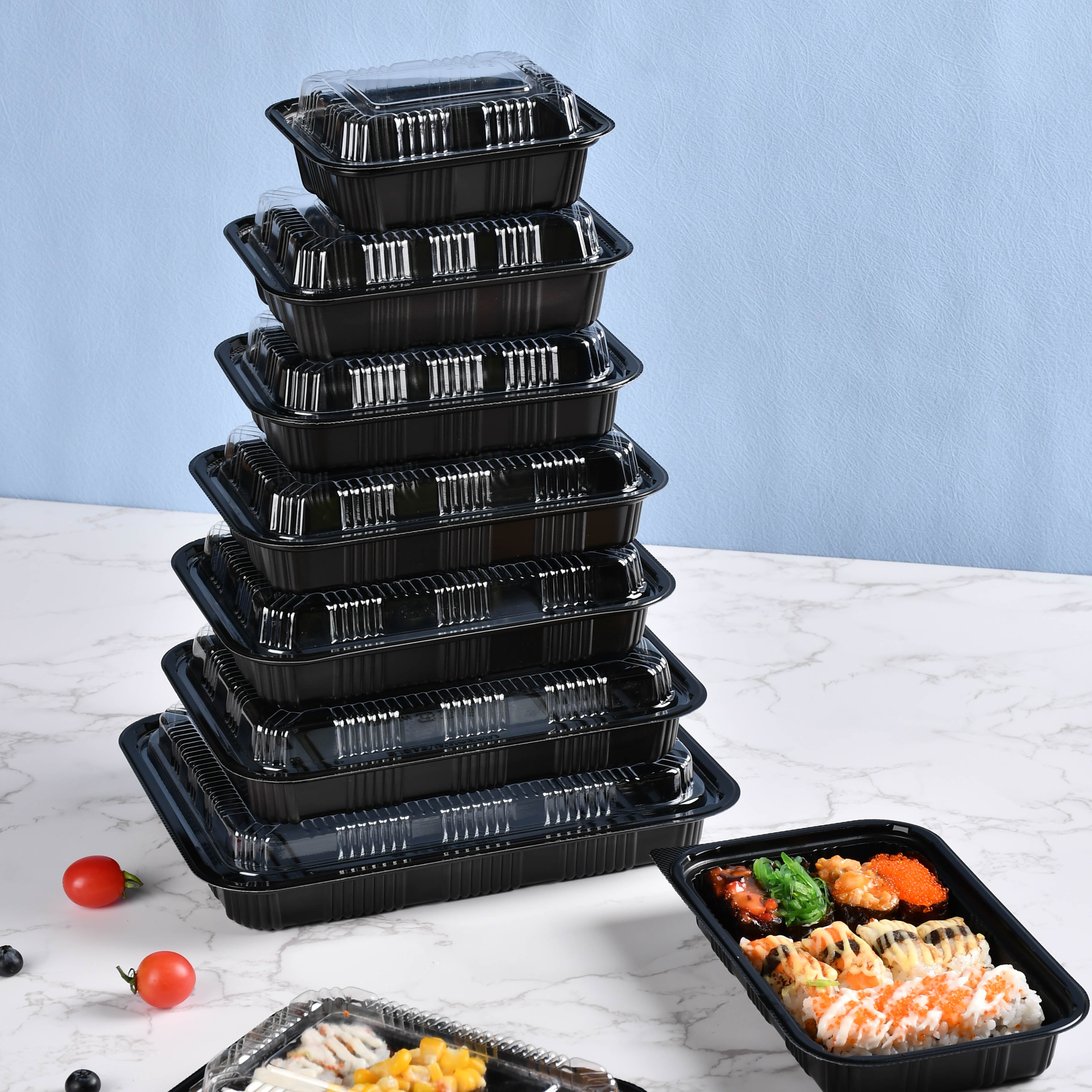 Manluen Food Grade Plastic Food Packaging Box Takeaway Rectangular Black Meal Prep Container