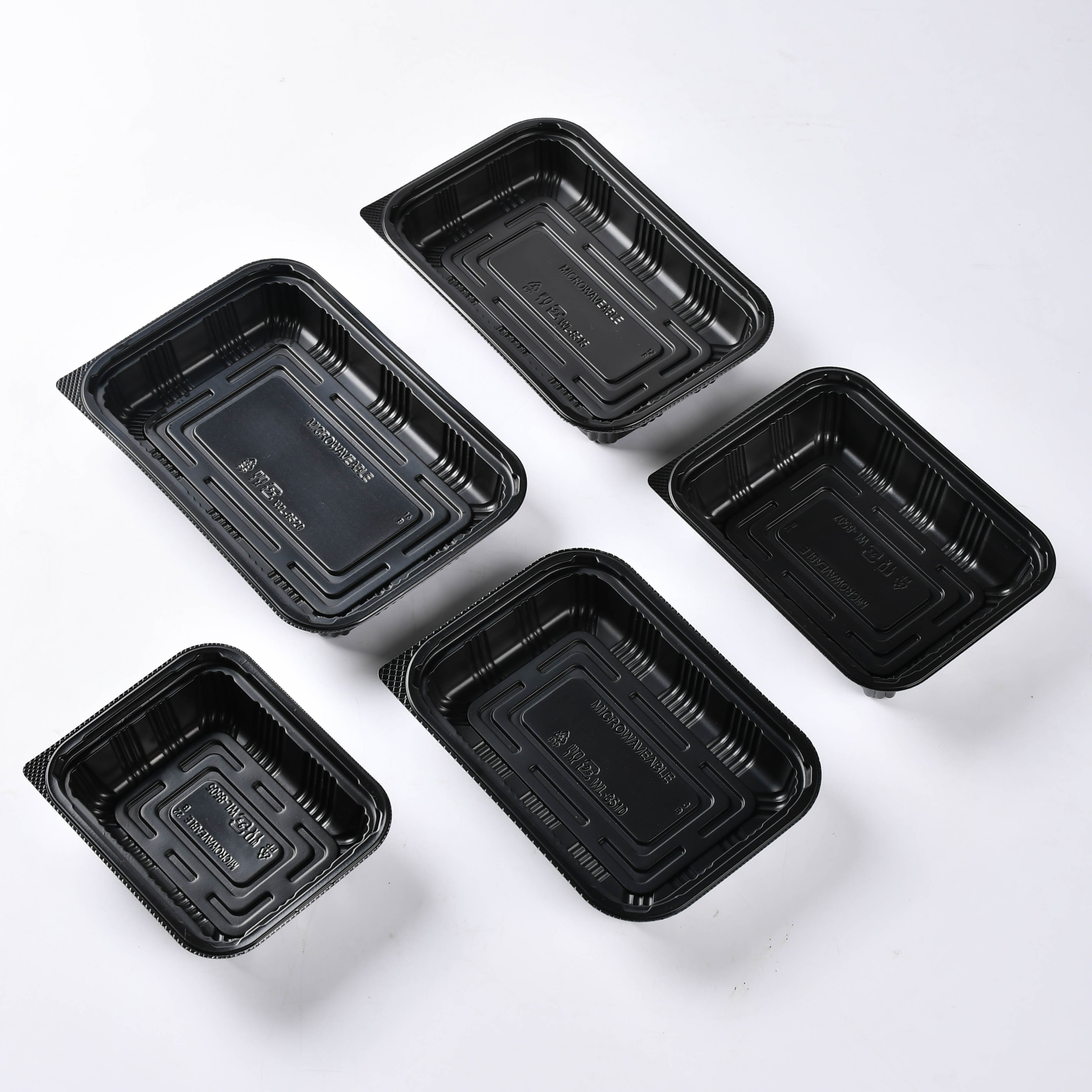 Manluen Food Grade Plastic Food Packaging Box Takeaway Rectangular Black Meal Prep Container