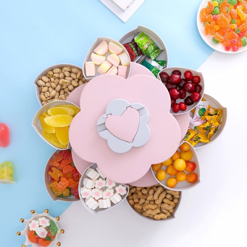 Creative double layer rotating storage box flower design plastic snack candy box fruit basket wedding decoration storage box