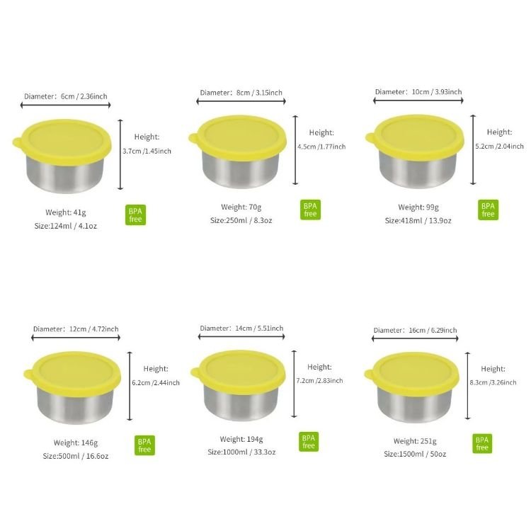 Colorful Leakproof Set of 3 Piece Salad Dressing Container Round Stainless Steel Food Storage Container with Silicone Lids
