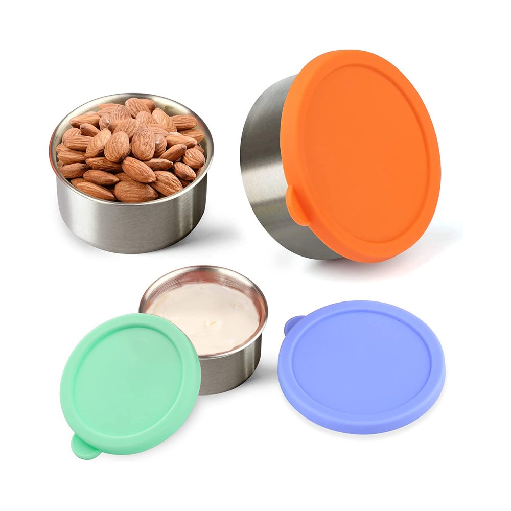 Colorful Leakproof Set of 3 Piece Salad Dressing Container Round Stainless Steel Food Storage Container with Silicone Lids