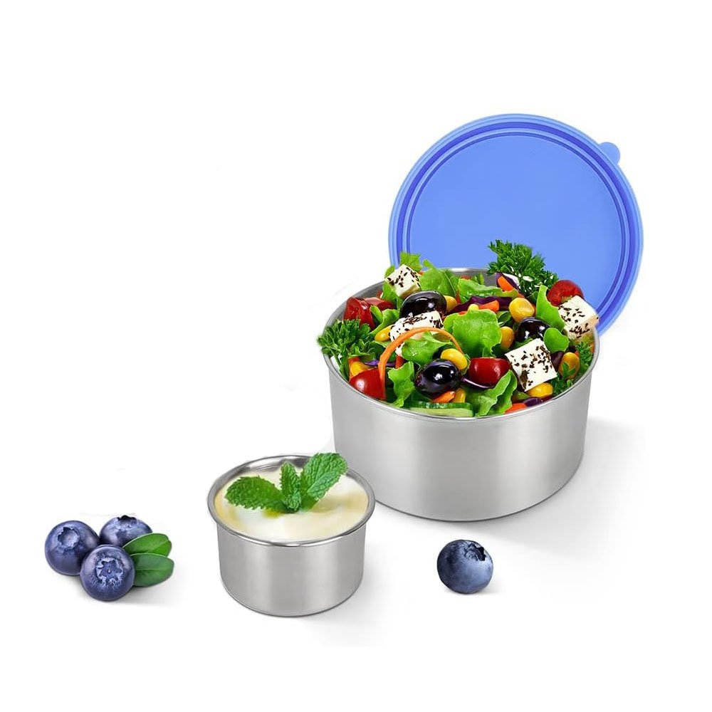 Colorful Leakproof Set of 3 Piece Salad Dressing Container Round Stainless Steel Food Storage Container with Silicone Lids
