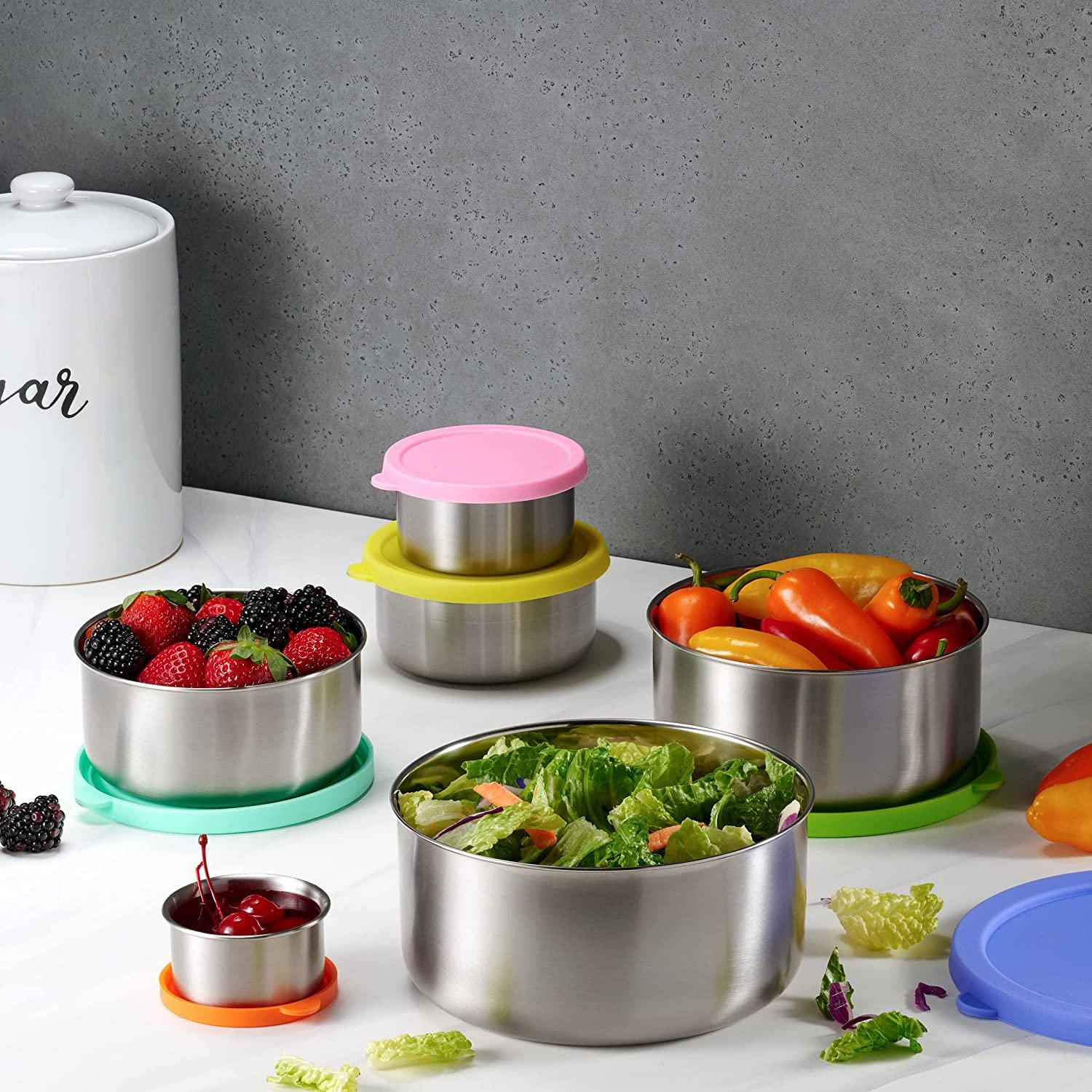 Colorful Leakproof Set of 3 Piece Salad Dressing Container Round Stainless Steel Food Storage Container with Silicone Lids