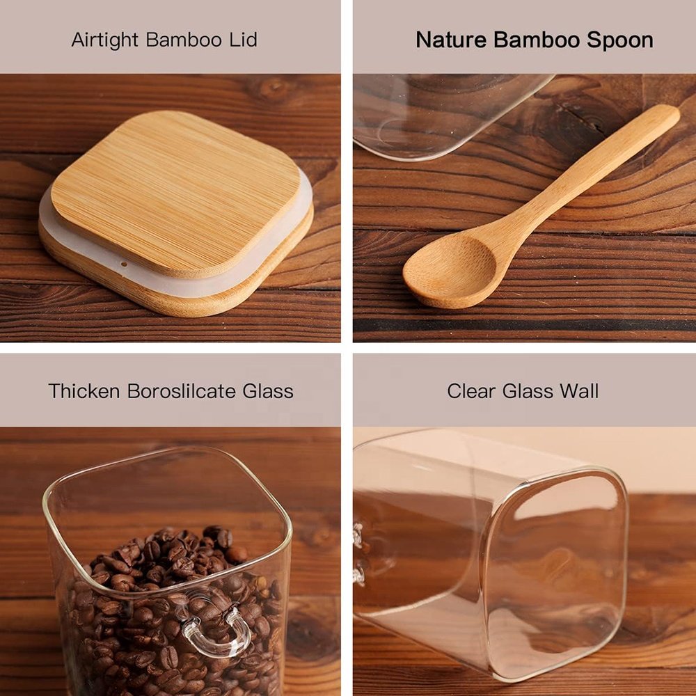 Custom Square Borosilicate Glass Spice Storage Bottles & Jars with Bamboo Lids and Spoons