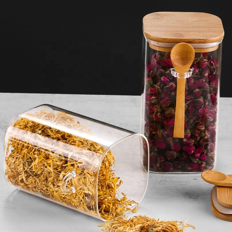 Custom Square Borosilicate Glass Spice Storage Bottles & Jars with Bamboo Lids and Spoons