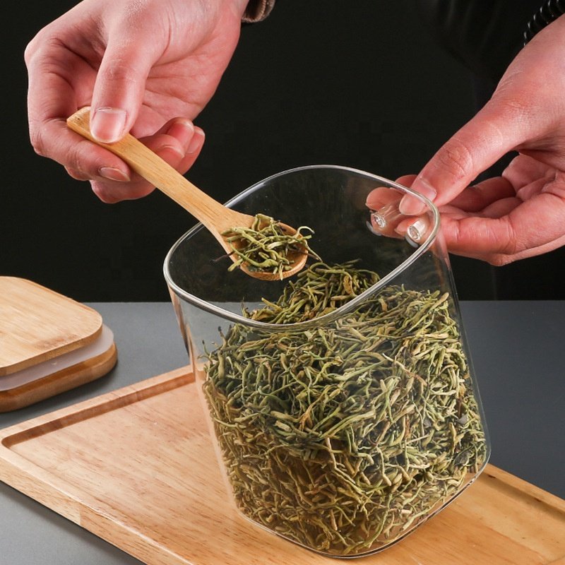 Custom Square Borosilicate Glass Spice Storage Bottles & Jars with Bamboo Lids and Spoons