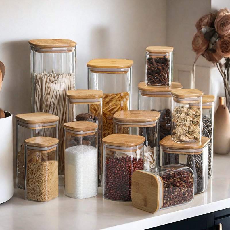 Square High Borosilicate Kitchen Glass Storage Jar Food Coffee Spices Herb Container Bottles Jar With Bamboo Wooden Lid