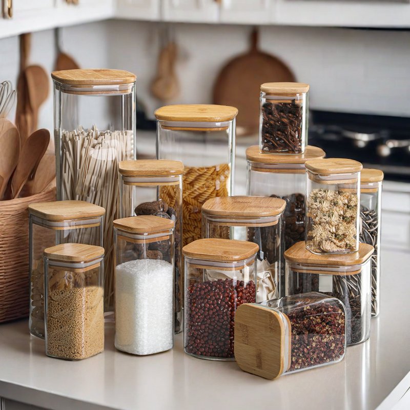 Square High Borosilicate Kitchen Glass Storage Jar Food Coffee Spices Herb Container Bottles Jar With Bamboo Wooden Lid