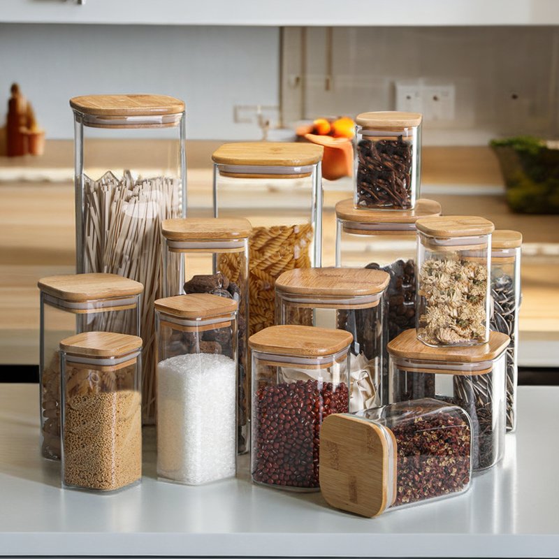 Square High Borosilicate Kitchen Glass Storage Jar Food Coffee Spices Herb Container Bottles Jar With Bamboo Wooden Lid