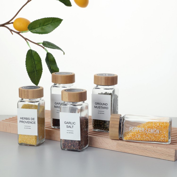 Spice Jars with Labels 4 oz Glass Spice Jars with Bamboo Lids, Seasoning Storage Bottles for Spice Rack, Cabinet, Drawer