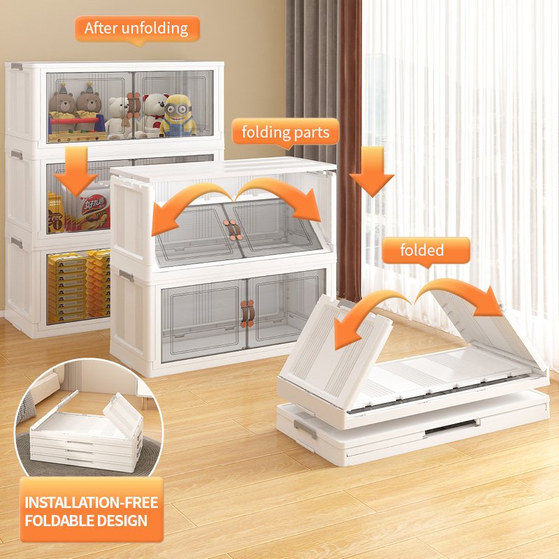 Foldable Plastic Storage Cabinet with Doors 2Tier Large Folding Stackable Storage box with Lids
