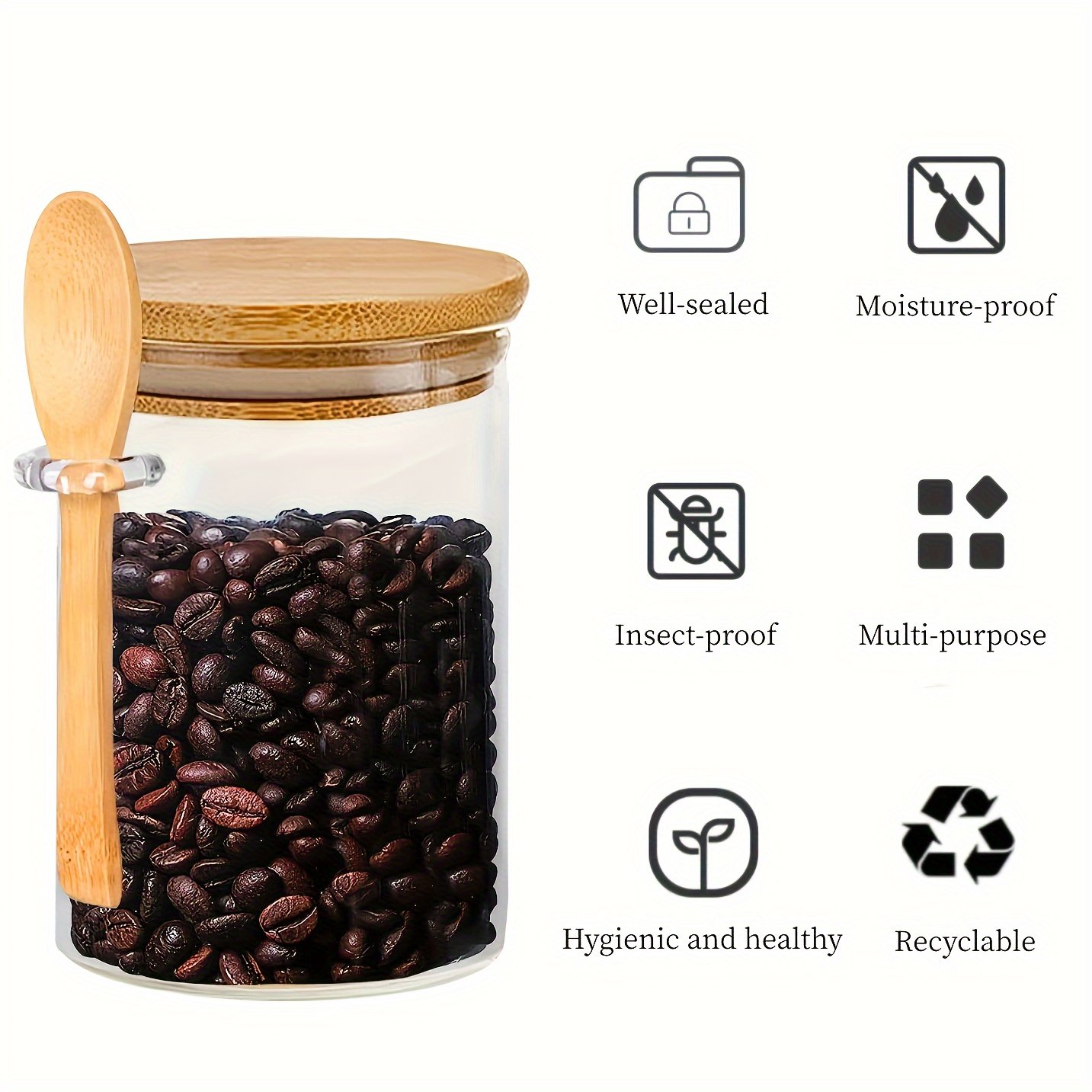 YOLOWE HOME Multifunctional Kitchen Glass Food Container with Spoon Bamboo Lid Seal-for Spices Jars