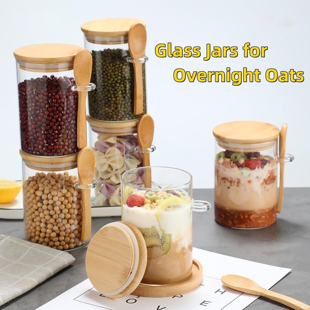 YOLOWE HOME Multifunctional Kitchen Glass Food Container with Spoon Bamboo Lid Seal-for Spices Jars