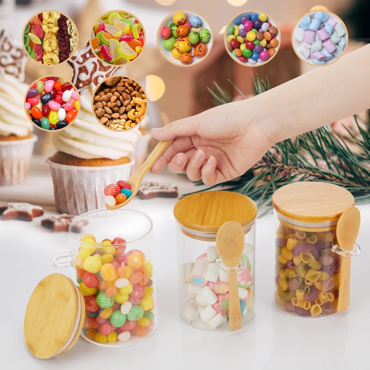YOLOWE HOME Multifunctional Kitchen Glass Food Container with Spoon Bamboo Lid Seal-for Spices Jars