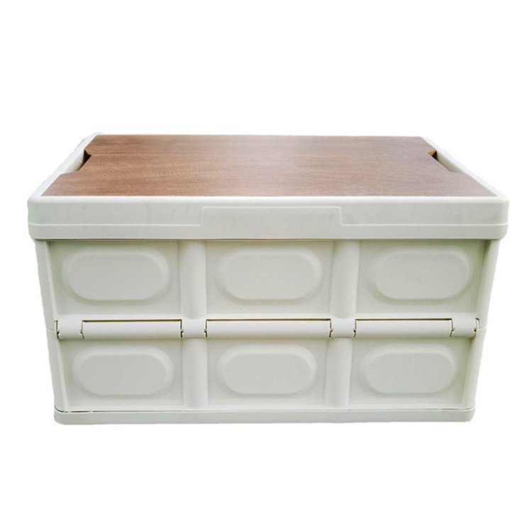 Custom logo outdoor foldable car plastic storage bins folding wooden lid kitchen camping storage box