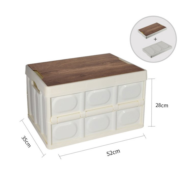 Custom logo outdoor foldable car plastic storage bins folding wooden lid kitchen camping storage box