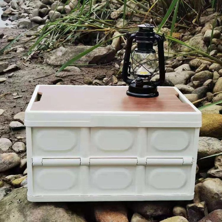 Custom logo outdoor foldable car plastic storage bins folding wooden lid kitchen camping storage box